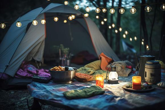 Camping tent picnic set up in field with fairy lights